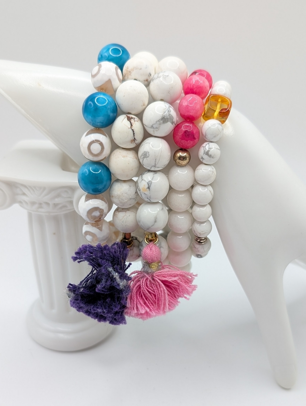 White Semi-precious Stone Bead Bracelet Lot of 5